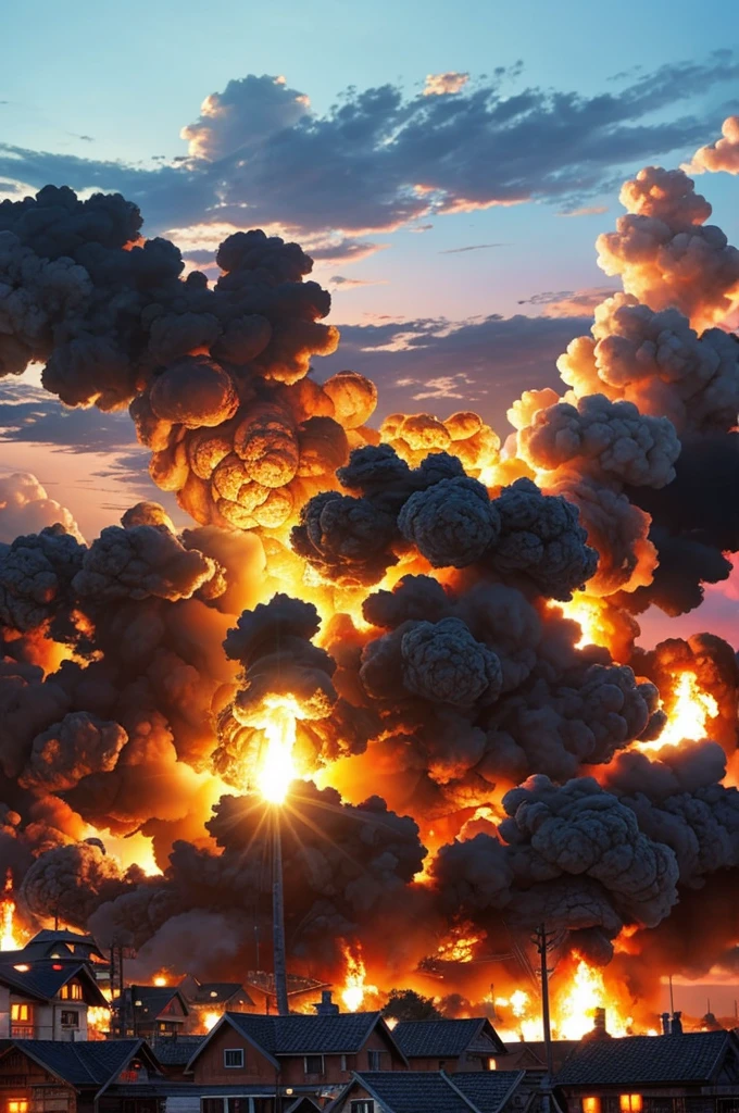 An anime style village explosion ,well drawn , Not realistic.