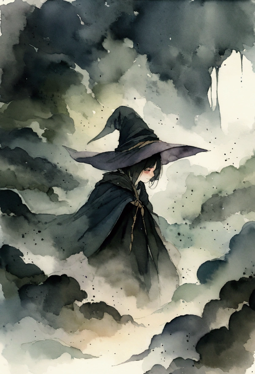 An old witch in black　Scary atmosphere　Fantasy　Picture books　watercolor