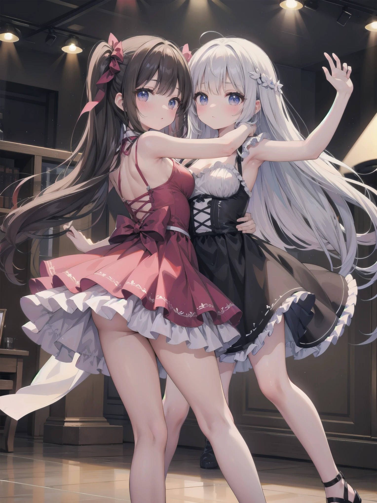 masterpiece、so beautiful、Clear contours、Beautiful girls wearing cute frilly dresses are dancing and making cute poses.