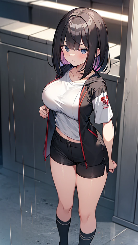 Full body image, front, One girl, 18-year-old, Mix 4, (32K, RAW Photos, Highest quality, masterpiece:1.2), (Anime-like, photoAnime-like:1.37), cute, Short sleeve T-shirt,Shorts,Black knee socks, night, rain, Humidity, Professional Lighting, Photon Mapping, Radio City, Physically Based Rendering, Super Resolution, (Big Breasts:1.2), {{The biological weapon that had preyed on the younger sister took her place and reunited with the older brother, The rebellious little sister has become the obedient little sister}}, Girl Skull, whole body, NSFW