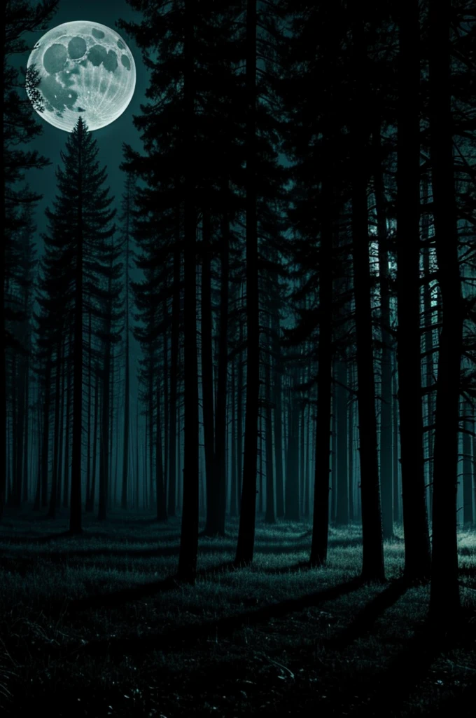 Create a spooky, dark forest background, at night, with the moonlight 