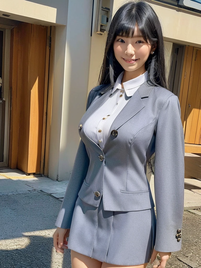 Highest quality、masterpiece、8k、Very detailed、Realistic、(One girl)、(Looking at me with a smile:1.5)、whole body、(Black Hair)、Small face、(Slender:1.2)、(Big Breasts:1.2)、(White business shirt with buttons and a collar:1.2)、(short tight skirt in gray,:1.2)、(Tight grey business jacket:1.2)