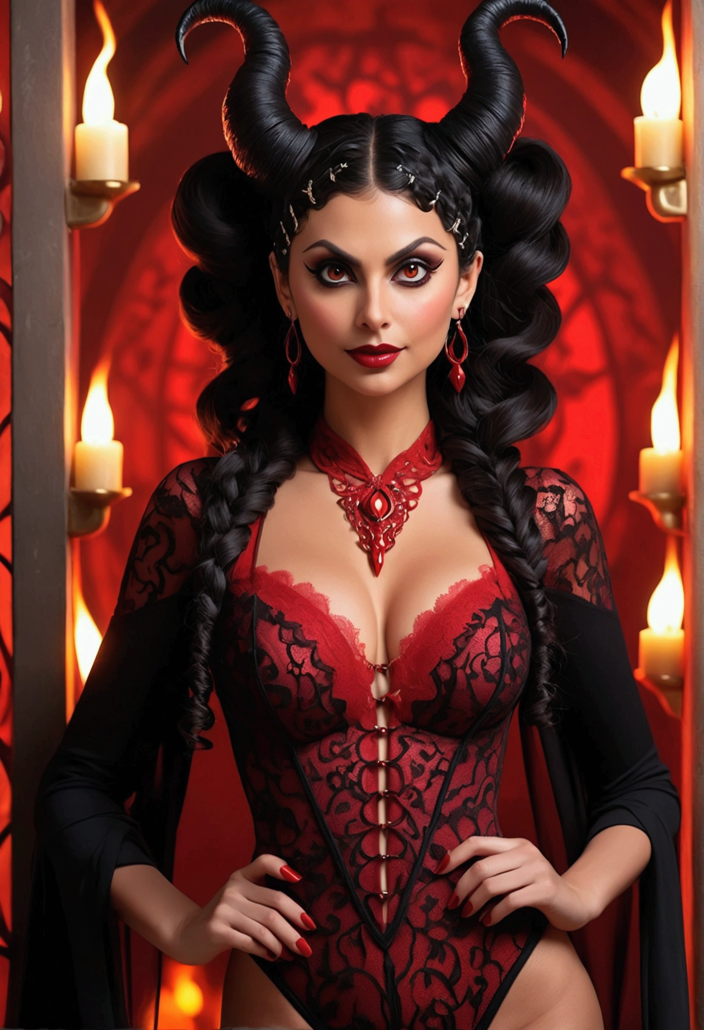 Full body shot Morena Baccarin devil, ringlets wavy five feet long black hair, updo hairstyle with ponytail on one side and long hairpins holding the bun long braid, strong thighs, dark red glossy lips, heavy red eye shadow long red eyeliner, long sharp claws, red lace beautiful and creative devil bodysuit, huge cleavage, devil horns, no earrings, no earrings, no earrings, no jewels, beautiful forehead lace ornament, posing in a feminine devil hell, happy expression, red ambience night time fire lights. No faces on her chest!