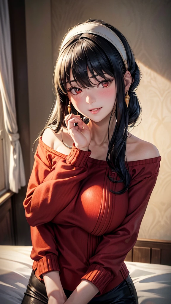 (masterpiece, Highest quality:1.3), (Super detailed:1.4),(Super detailed顔:1.2),(Super detailed目:1.2), (hyperRealistic:1.3), (RAW Photos:1.2), High-definition RAW color photos, Professional photos, (PhotoRealistic:1.4), (Realistic:1.4),8k,Professional Lighting, Perfect Anatomy, BREAK,(Big Breasts:1.6),(blush:1.2),(Bright smile:1.2),Yolfoger, High detail, Sharp focus, dramatic,dutch angle,Björf,Black Hair,Long hair short hair,White hair band,Kamimei,Leaning forward,Bring your face closer,Red eyes,Gold earrings,jewelry,Off the shoulder,(Red sweater:1.3),Sweater dress,Long sleeve,Black Pantyhose,Luxury bedroom,g-string