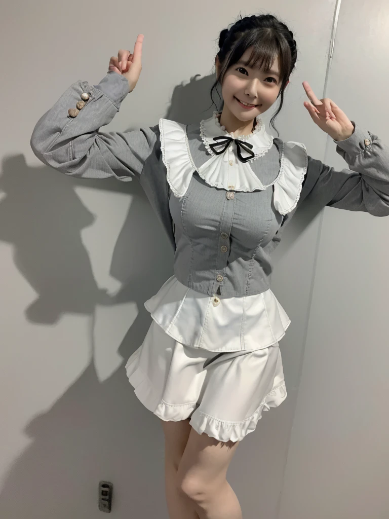 Highest quality、masterpiece、8k、Very detailed、Realistic、(One girl)、(Looking at me with a smile:1.5)、whole body、(Black Hair)、Small face、(Slender:1.2)、(Big Breasts:1.2)、(White frilly shirt with buttons and collar:1.2)、(short tight skirt in gray,:1.2)、(Grey business jacket:1.2)