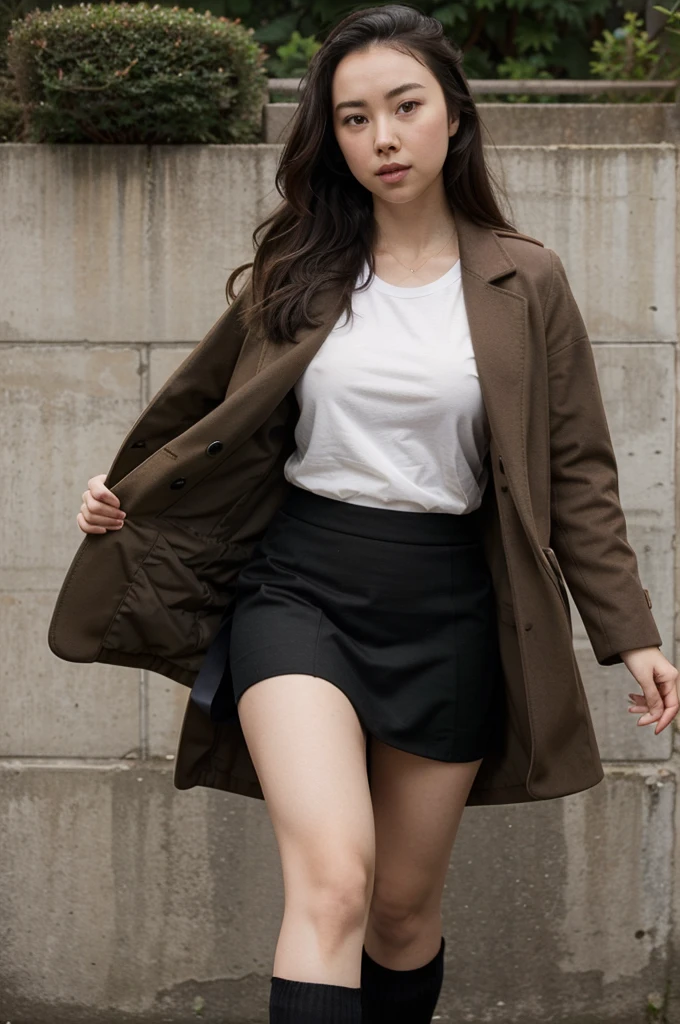 Jessica Henwick, brown coat, white t-shirt, tight black skirt, black socks.