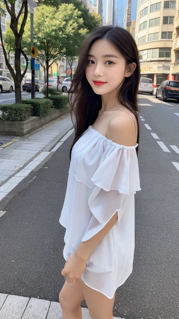 (top quality, 8K, masterpiece:1.3)), A pretty maiden,pure,oval face,Gentle and cute,sweet smile,pure,thin body,(Street),looking directly into the camera,inner strength, formal,Black silky long, layered long hair,Long hair spread over shoulders,big deal, round, black eyes,clear big eyes,Hydrated red lips,Sweet,stand, Photographed in the city, Full body photo,