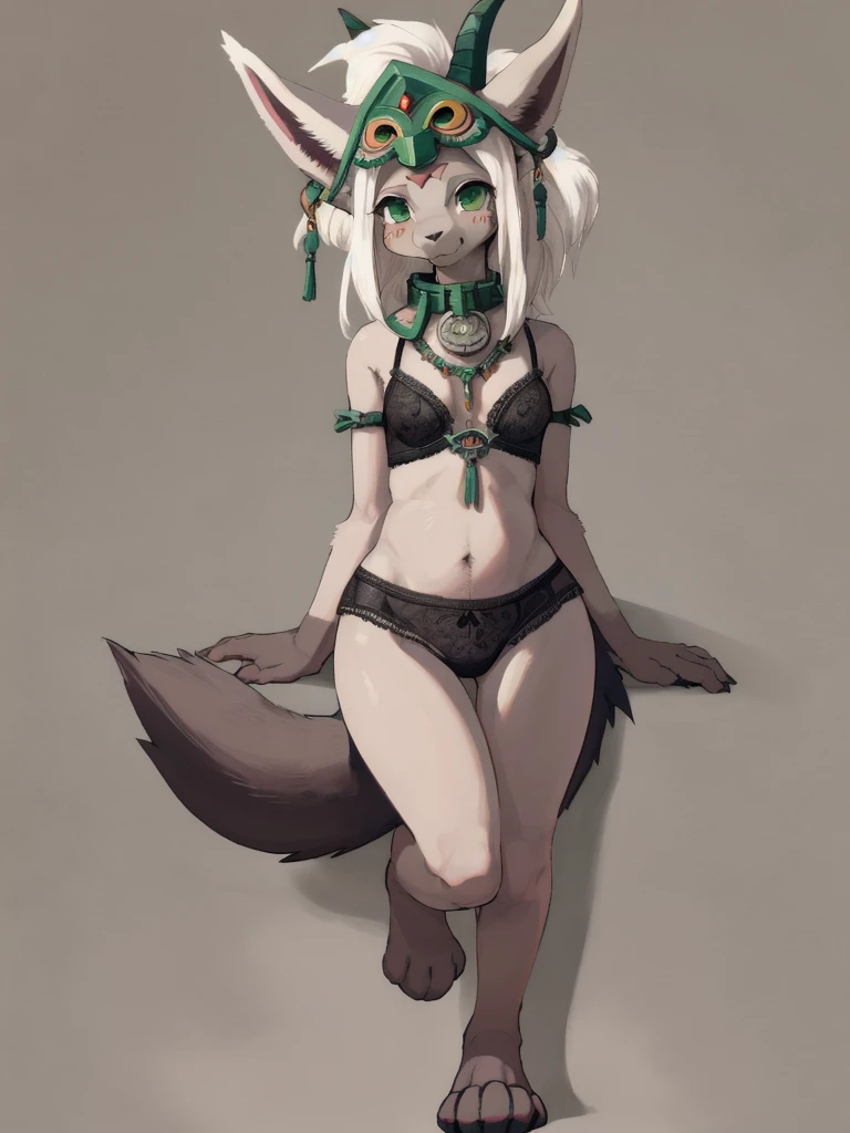 toddler, kemono, art by dagasi, Uploaded to e621.net, (Pixelsketcher), (wamudraws), (masterpiece), (HD), (high res), (feet visible), (furry anthro), (detailed fur), (detailed shading), (beautiful render art), mineru, ((zonai)), white hair, long hair, fluffy ears, collar, necklace, mask, small feline snout, anthro goat, black skin, furry, (light color fur), big ears, fox ears, (beautiful eyes, green eyes), [(slim figure, flat chest, skinny)], (curvy hips), (3 toed paws:1.5), wearing zonai lingerie, zonai lace bra,