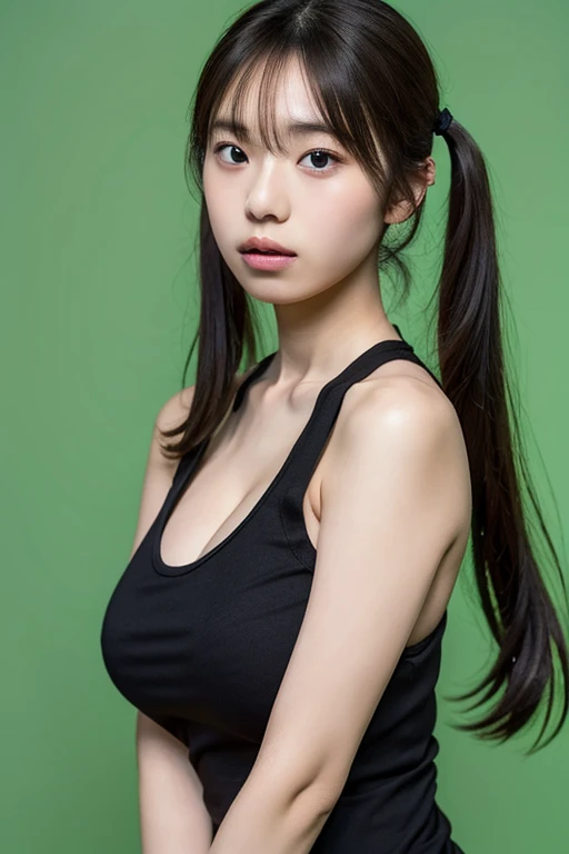 bangs,low twintails,(large breasts:1.2),(best quality,masterpiece:1.2),1girl,1girl,solo,fair skin,half length,8k,ultra high res,ultra detailed,best quality,looking at viewer,perfect lighting,flat light,ultra high quality,ultra high res,masterpiece,photorealistic,detailed face,perfect anatomy,(black tank top),(simple background),(lightgreen background),upper body,naked