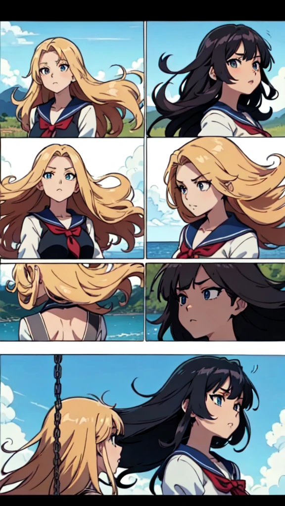 a close up of a person sitting on a swing with different expressions, in style of kyoto animation, anime keyframe, flat anime style shading, windy floating hair!!, anime girl with long hair, anime moe artstyle, anime screenshot pattern, kantai collection style, hair fluttering in the wind, long hair windy, anime stylized, windy hair, blowing hair