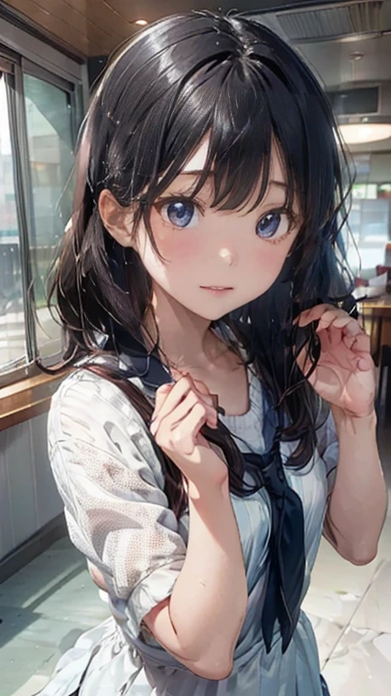 (A very cute 20 year old young woman from Japan.),  ((Fine hair that is somewhere between brown and blonde)), ((Short hair with messy side waves)),Medium bust size､Small Tits､Flashy makeup using red eyeshadow， Precision by hand，(((Clean your hands)))，(Curly Hair)，(((A very kind smile))), (((she wears dark blue panties)))，(((She is wearing a white knitted dress))) ((Highest quality, 16K, Tabletop: 1.3)), Light on the face, Ultra detailed face, Highly detailed lips, Detailed eyes, City Street，Cleanse your thighs，Great Skin，