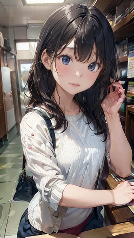 (A very cute 20 year old young woman from Japan.),  ((Fine hair that is somewhere between brown and blonde)), ((Short hair with messy side waves)),Medium bust size､Small Tits､Flashy makeup using red eyeshadow， Precision by hand，(((Clean your hands)))，(Curly Hair)，(((A very kind smile))), (((she wears dark blue panties)))，(((She is wearing a white knitted dress))) ((Highest quality, 16K, Tabletop: 1.3)), Light on the face, Ultra detailed face, Highly detailed lips, Detailed eyes, City Street，Cleanse your thighs，Great Skin，