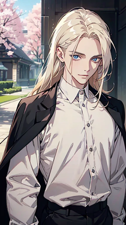 Masterpiece, high quality, Single male, very beautiful face, masculine, broad shoulders, broad chest, portrait, pale skin, light blue eyes, bright eyes, show forehead, very long light blond hair, hair cascade the back, long flowy hair, yellow eyebrows, the face is relaxed, smiling, kind, black color, white collar shirt, white long sleeves, black slacks, black pants, no accessories, daytime, pink light, sakura in the background, Rich in color, close-up shot, bust photo, NO hands. Look at viewer.