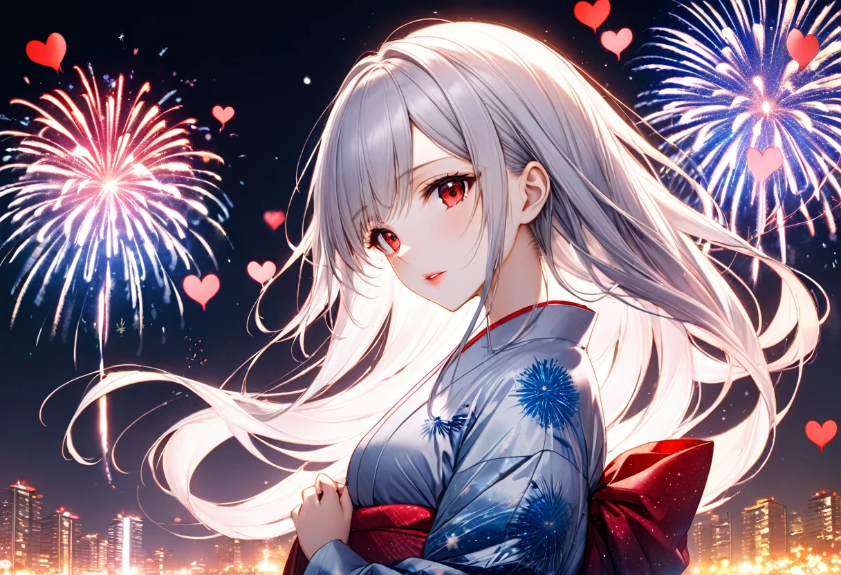(Heart Shape, many:1.2 fireworks), (a hime-cut silver hair long hair sexy cool girl, cool red eyes, glossy lip, medium:1.4 tits), (in a beautiful yukata with double exposure:1.2 of fireworks), BREAK, 16k, beautiful detailed silhouette.