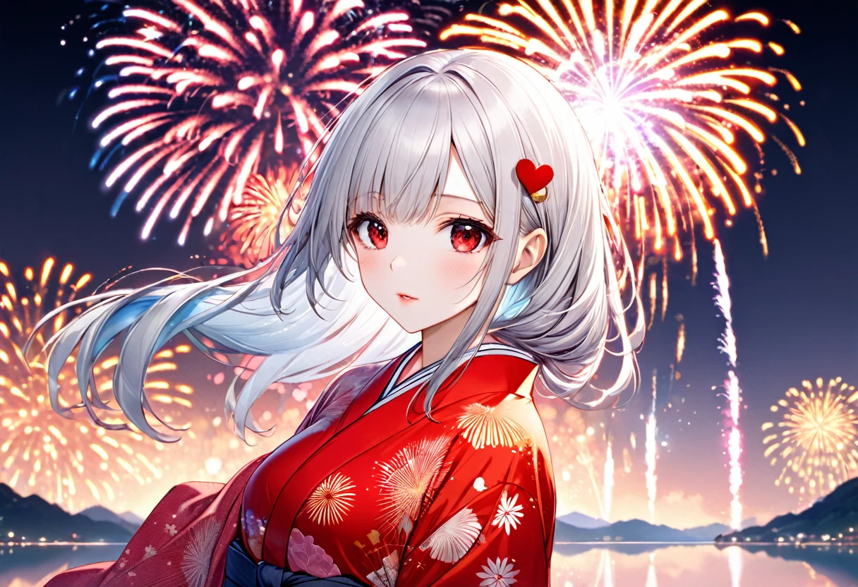 (Heart Shape, many:1.2 fireworks), (a hime-cut silver hair long hair sexy cool girl, cool red eyes, glossy lip, medium:1.4 tits), (in a beautiful yukata with double exposure:1.2 of fireworks), BREAK, 16k, beautiful detailed silhouette.