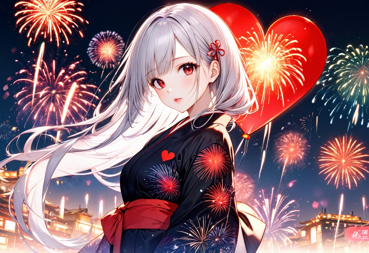 (Heart Shape, many:1.2 fireworks), (a hime-cut silver hair long hair sexy cool girl, cool red eyes, glossy lip, medium:1.4 tits), (in a beautiful yukata with double exposure:1.2 of fireworks), BREAK, 16k, beautiful detailed silhouette.