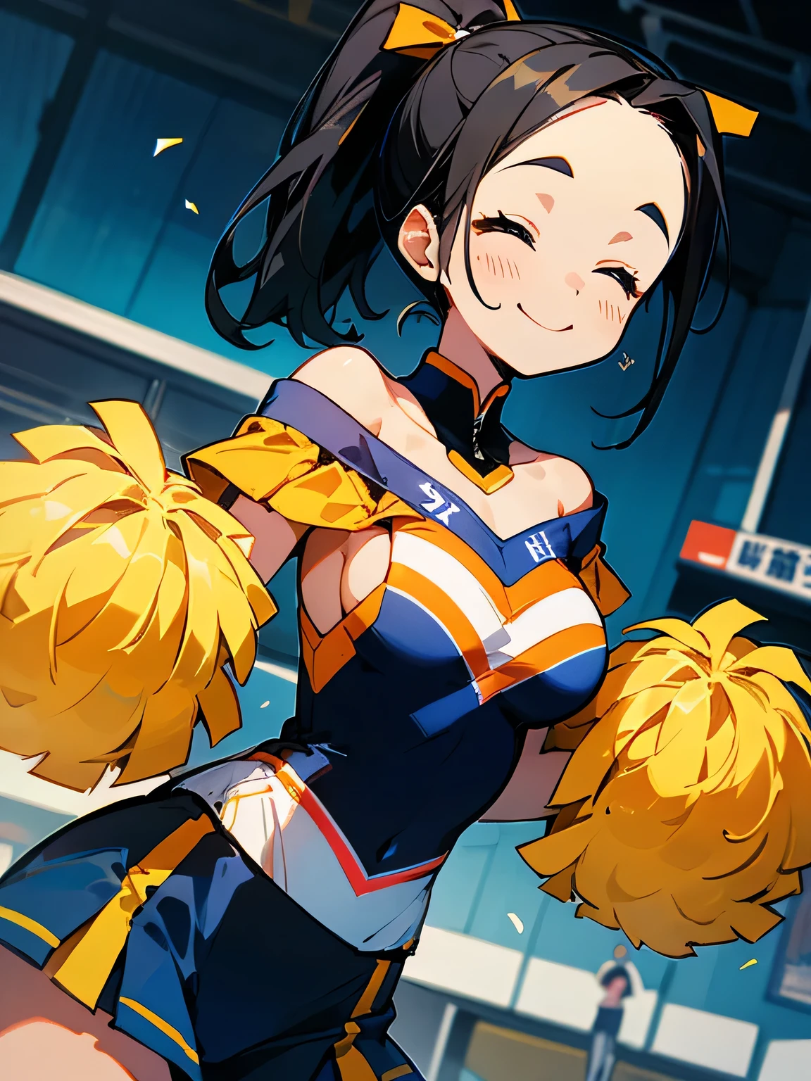 solo,(dutch angle),black hair,straight thin ponytail,big forehead,closed eyes smile, off-shoulder, cheerleader,Enchanting chest、Bare skin side boob、medium breasts,(cheer model action pose),close up face,