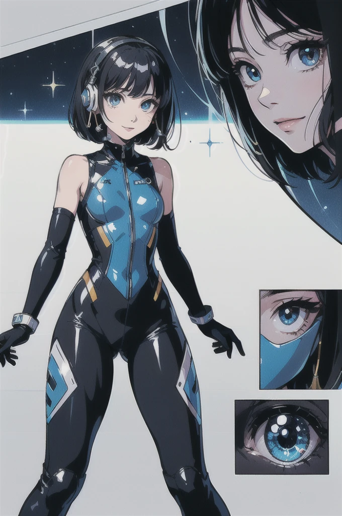 (masterpiece、Highest quality、Highest Resolution、clear_image、Detailed explanation、Top view): (Full body portrait、One 20 year old girl、The Face of Japan、Small face、thin、Navy blue super short bob cut hair、(Hidden Small:1.3)、Sparkling Blue Eyes、Blue and black shiny pilot suit、Armor to protect the chest、Tight fitting clothes、Clothing that covers the entire body、Shiny clothes、Tight Fit Pants、Hide your skin、Very delicate and beautiful、Detailed skin、hide thighs、Hide your ass、Cute type、A kind smile、Soft look、heroine、headset、Knee-high boots、Elbow-length gloves、Eye-level shot、Facing forward、Woman on a spaceship)