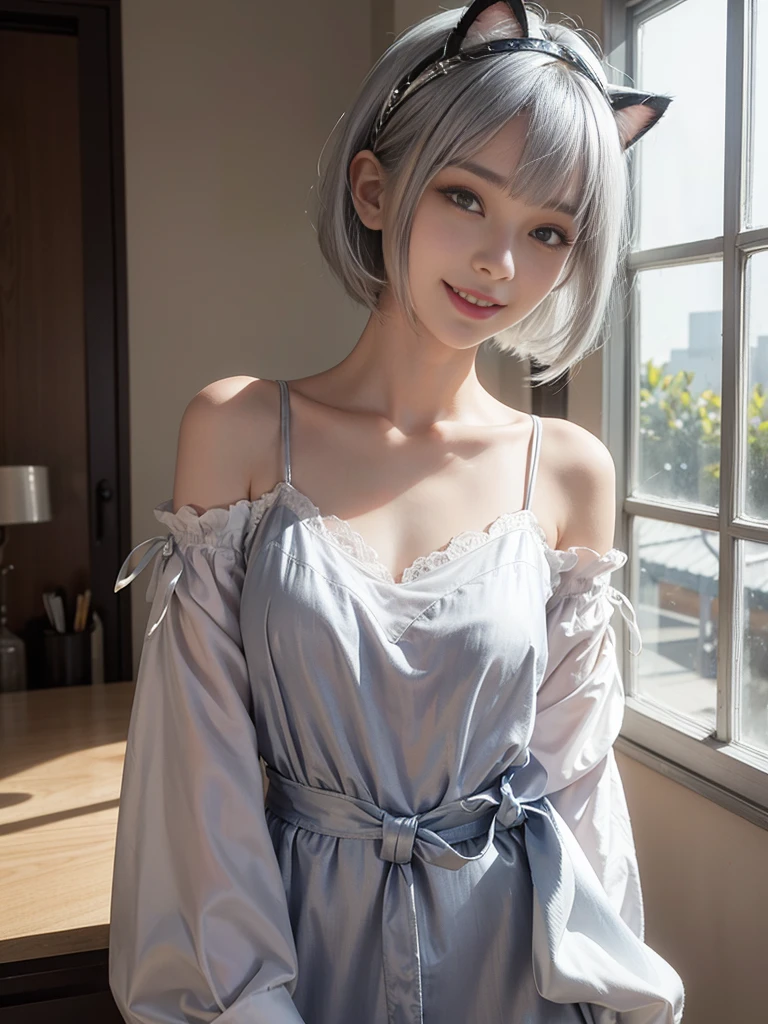 Lean on window, smile, Silver hair, bob hair, hair bang, cat ears headband, shining hair, skin pores, shining skin, sexy shirt, in room,  lovely, beautiful