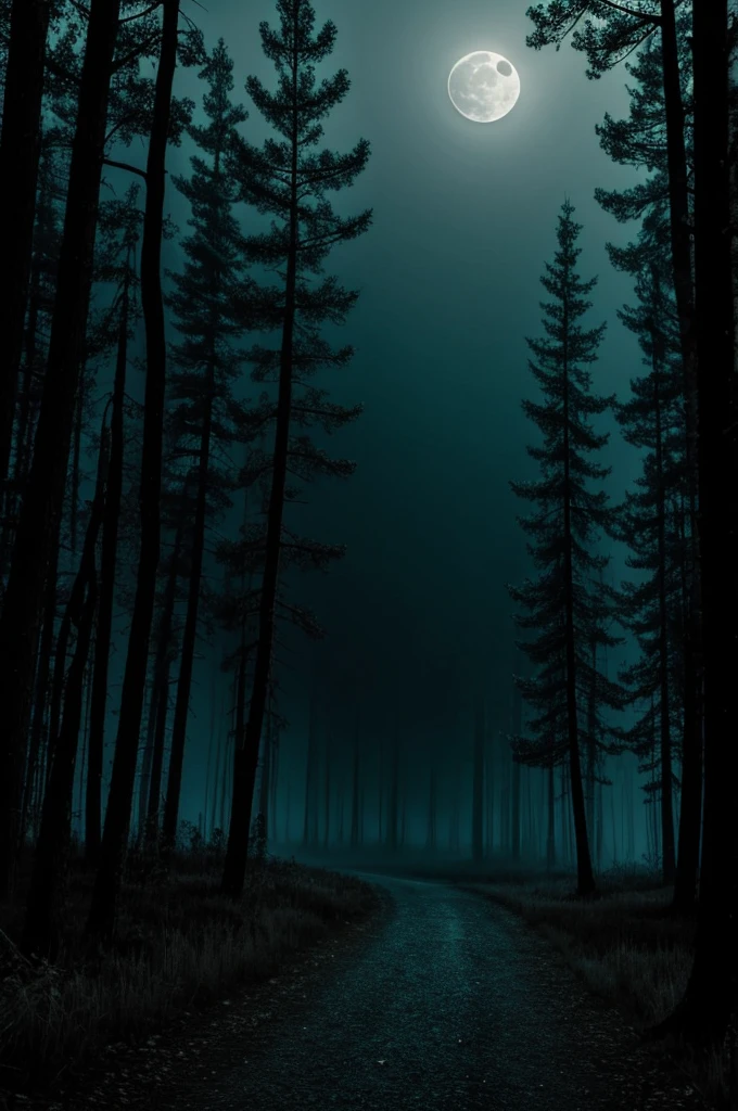 Create a spooky, dark forest background, at night, with the moonlight, that looks drawn