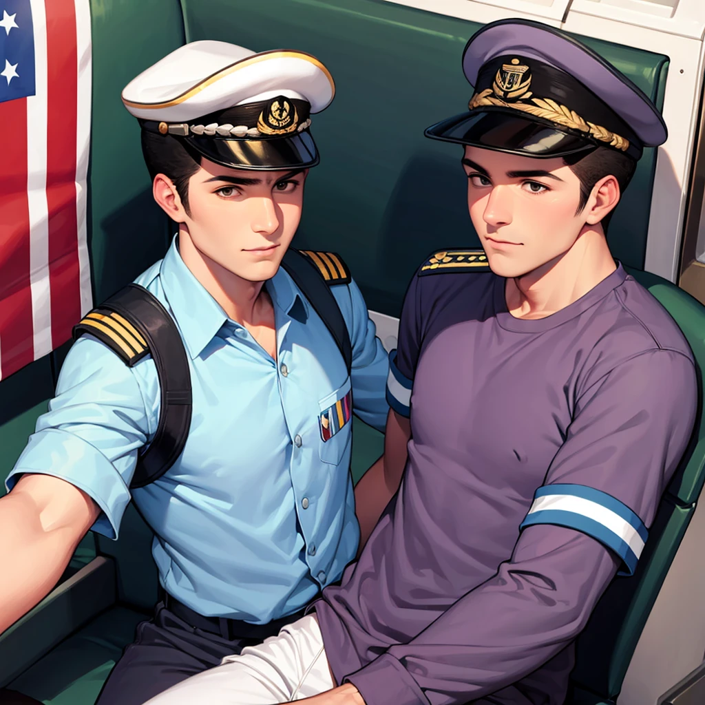 30 year old man pilot of the Mexican navy sitting on his warship next to him a man of captain rank, from united states