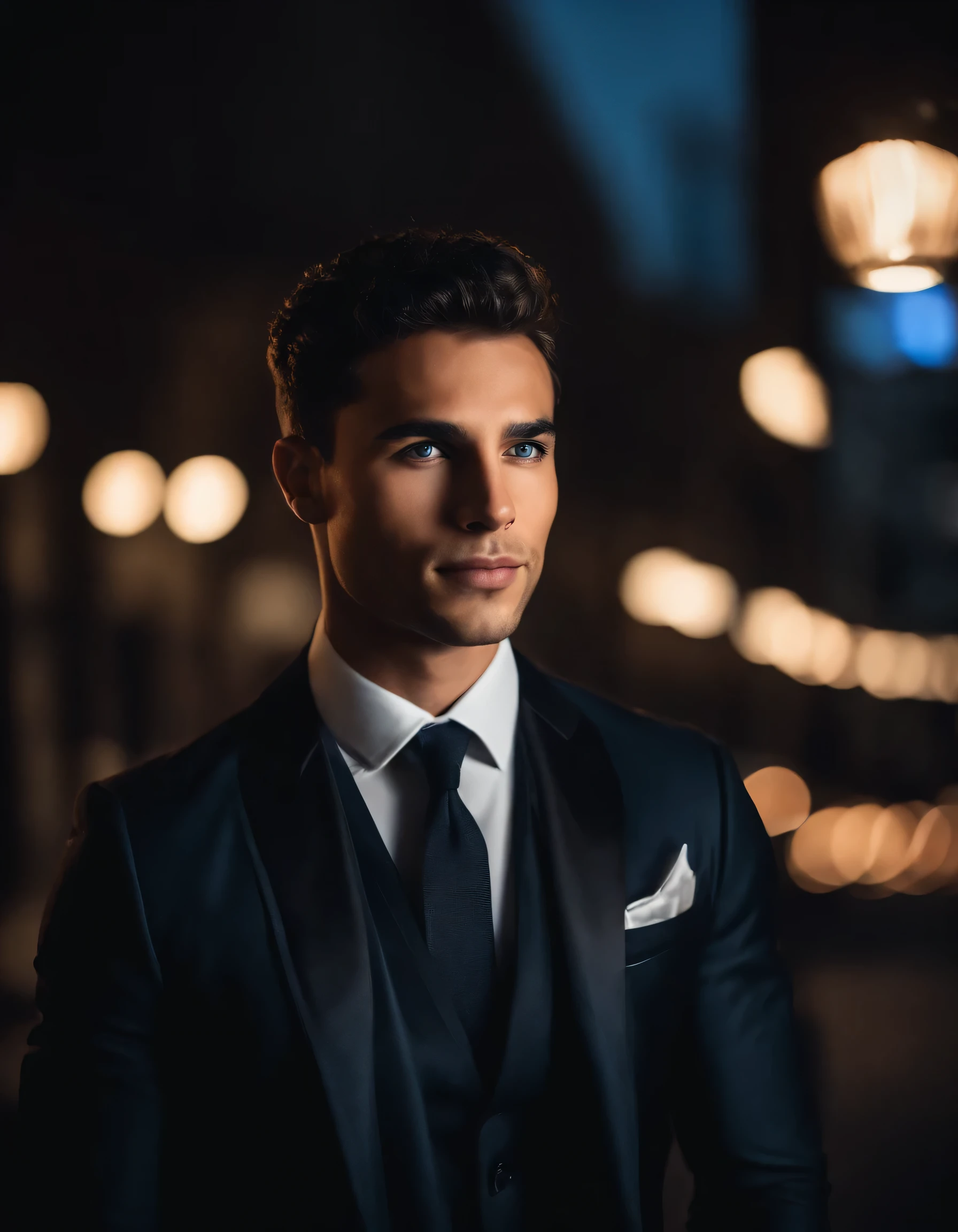 Young mixed-race man,beautiful detailed blue eyes,dark hair,dark suit,confident expression,SHARP JAW,vibrant skin,smiling,beautiful  face,standing pose,city scenery,Professional studio lighting,realisitic,a lamborghini, photorealisitic:1.37,portraits,bright coloured,tom legal,soft lighting