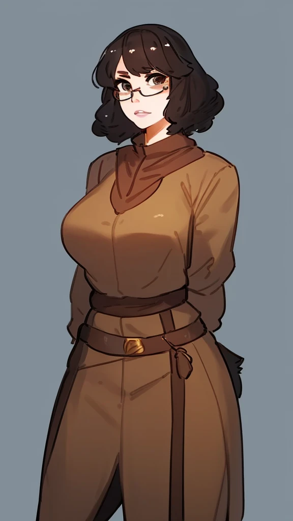 By bebebebebe, by lostgoose, by goonie-san, Solo, standing, black woman, glasses, big glossy lips, ((lip gloss)), eyelashes, eyeliner, dark brown eyes, black curly hairstyle, human, fantasy archer, ranger, dnd, dungeons and dragons