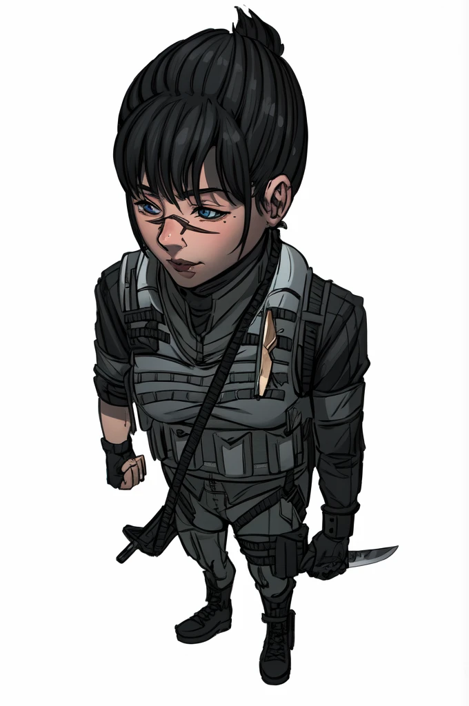 a cartoon drawing of a woman with a knife and a backpack, girl, blue eyes, thicc, cassandra cain, digitally colored, rukis. comic book style, female lead character, an edgy assassin, epic comic book style, ( ( character concept art ) ), katana zero video game character, highly detailed exquisite fanart, detailed character art, official character art, character art closeup