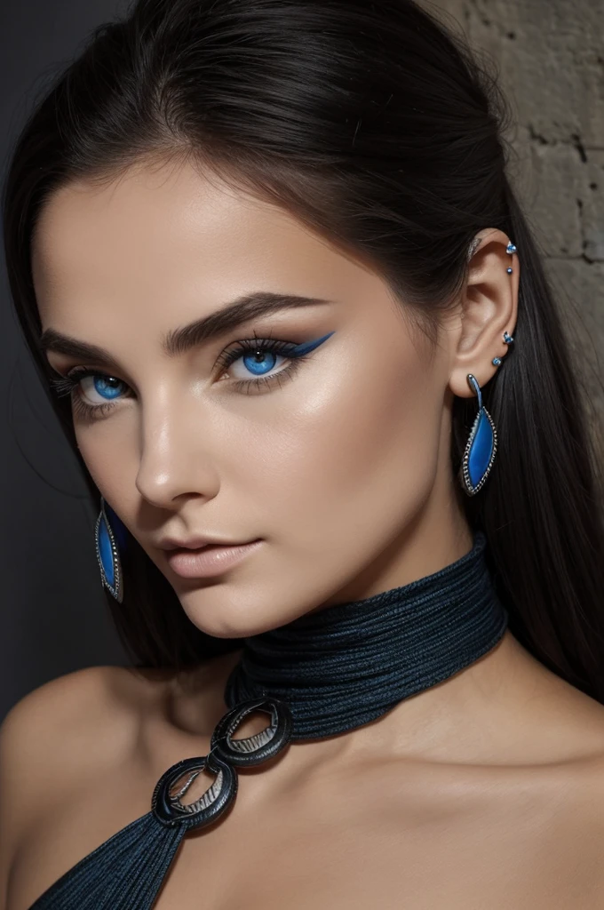 Femme un peu ronde avec les cheveux chatain carré long avec une frange rideau, yeux bleu , 1 piercing nez , un autre anneau nez septum, un peu de maquillage jolie lunette grosse noire, rectangle mais arrondi ,branche métallique dorées