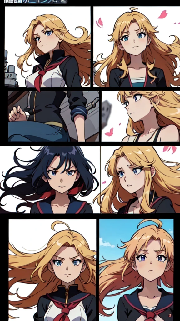 a close up of a person sitting on a swing with different expressions, in style of kyoto animation, anime keyframe, flat anime style shading, windy floating hair!!, anime girl with long hair, anime moe artstyle, anime screenshot pattern, kantai collection style, hair fluttering in the wind, long hair windy, anime stylized, windy hair, blowing hair