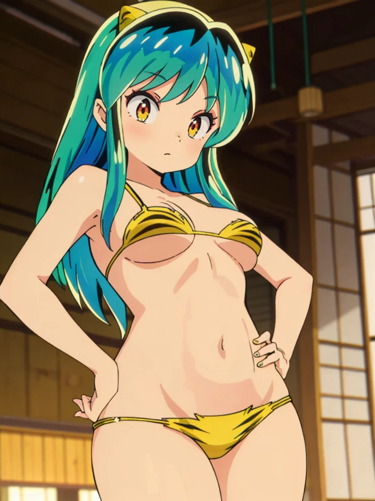 masterpiece, Highest quality, 1 Girl, Lum, Micro Bikini, anime, Charm, 18-year-old, sexy, blush, Stand with your feet apart, Hands on hips, Japan, Focus on the feet, High definition, From before, Japan, Green Hair, Cowboy Shot