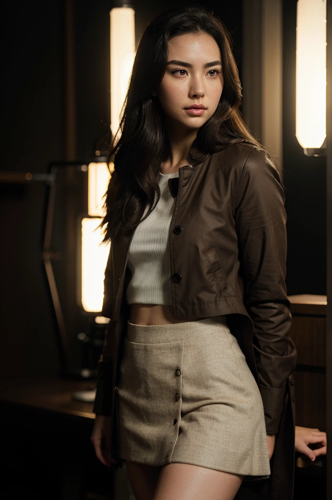 Jessica Henwick, brown coat, white t-shirt, tight black skirt, black socks, beautiful detailed eyes, beautiful detailed lips, extremely detailed face, longeyelashes, realistic, photorealistic, photo-realistic:1.37, 8k, highres, masterpiece:1.2, ultra-detailed, studio lighting, vivid colors, bokeh, cinematic lighting, dramatic lighting, fashion portrait