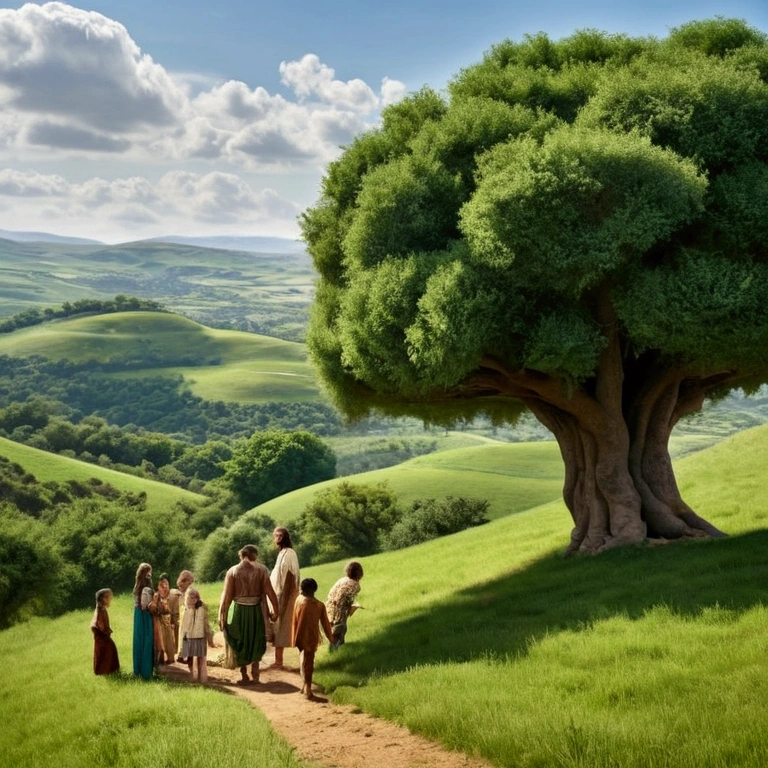extended family, including Adam, Eva, Cain and many other brothers and sisters, is gathered in Onea vast biblical landscape. Adam and Eve are at the center, looking like protective and wise figures, while children and young people, including Cain, are around, interacting with each other. The setting is made up of green hills, fruit trees and a clear sky, creating a serene and pastoral atmosphere.