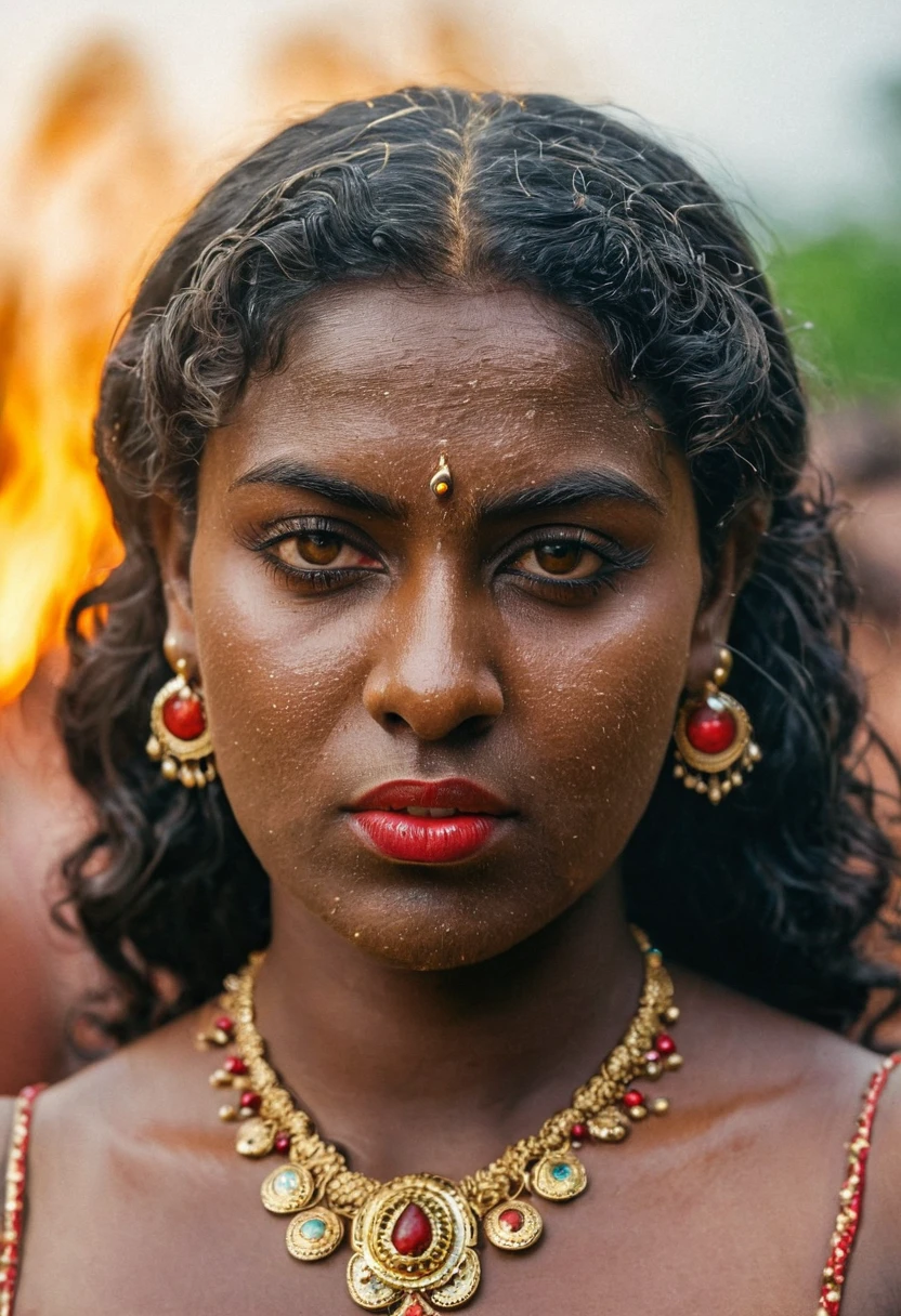 (((photo of a ancient kerala nude alien ))), (((black kali))) , (((Half Body))), (((very dark skin))), (((45 years old))), (((((very dark nipple and areola))))) (((plus size chubby tall))), (((huge busty milky wet big massive boobs))), (((nude thick thigh))), (((ancient black mini skirt))), ((black skin dark body)), (((red ornaments))), (((depth of field))), ((( flame bokeh))), (((rain))), ((( flashing light leaks))), (((divine))), photorealistic,photo, realism, Getty Images, RAW candid cinema, 16mm, colour graded portra 400 film, remarkable colour, ultra realistic, textured skin, remarkable detailed pupils, realistic dull skin noise, visible skin detail, skin fuzz, dry skin, shot with cinematic,light leaks, RAW Image, DOF, depth of field,bokeh