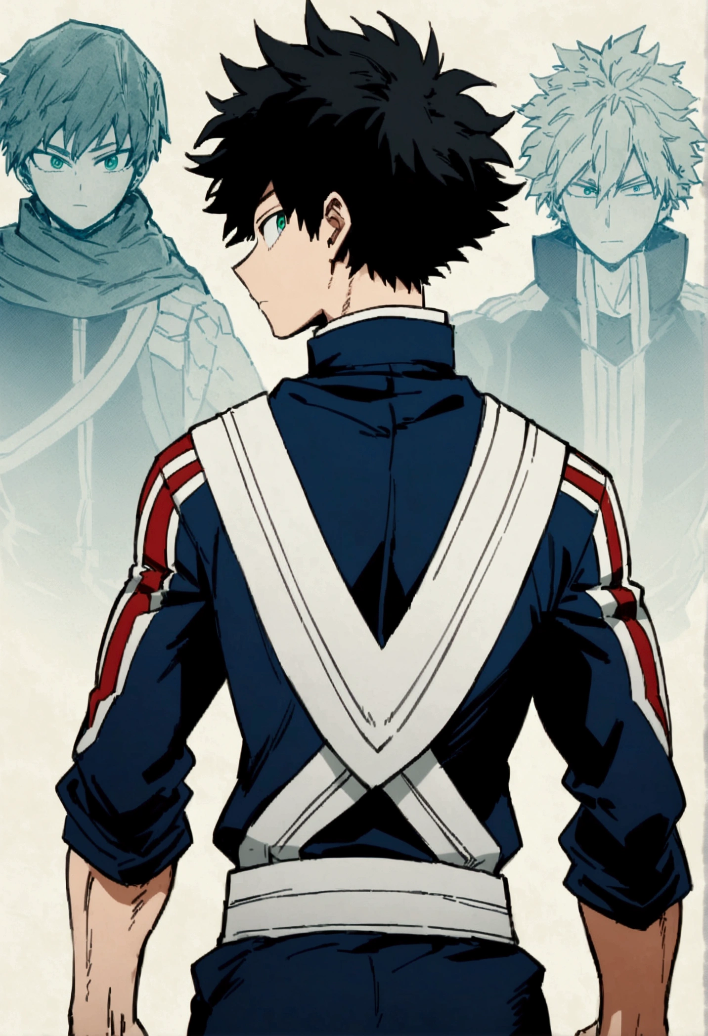 Caracter sheet, he is a 17 year old ager, He has slightly disheveled very black hair..., somewhat light green eyes, muscular body , He is dressed the anime uniform "my hero academia", Front view of the body, back view of the body, detailed face, face view, many parts, depth