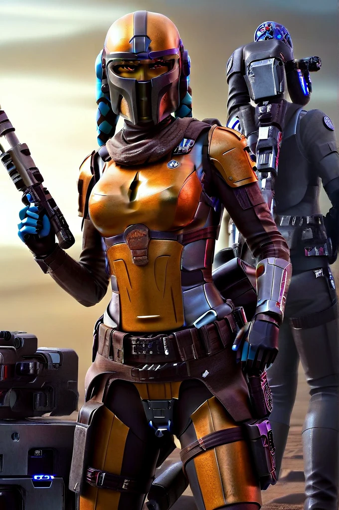 A ((female Twi'lek ))Mandalorian, detailed futuristic armor, intricate helmet, jetpack, blaster rifle, epic pose, dramatic lighting, gritty sci-fi atmosphere, cinematic, dramatic colors, highly detailed, 8k, photorealistic, masterpiece female Twi'lek