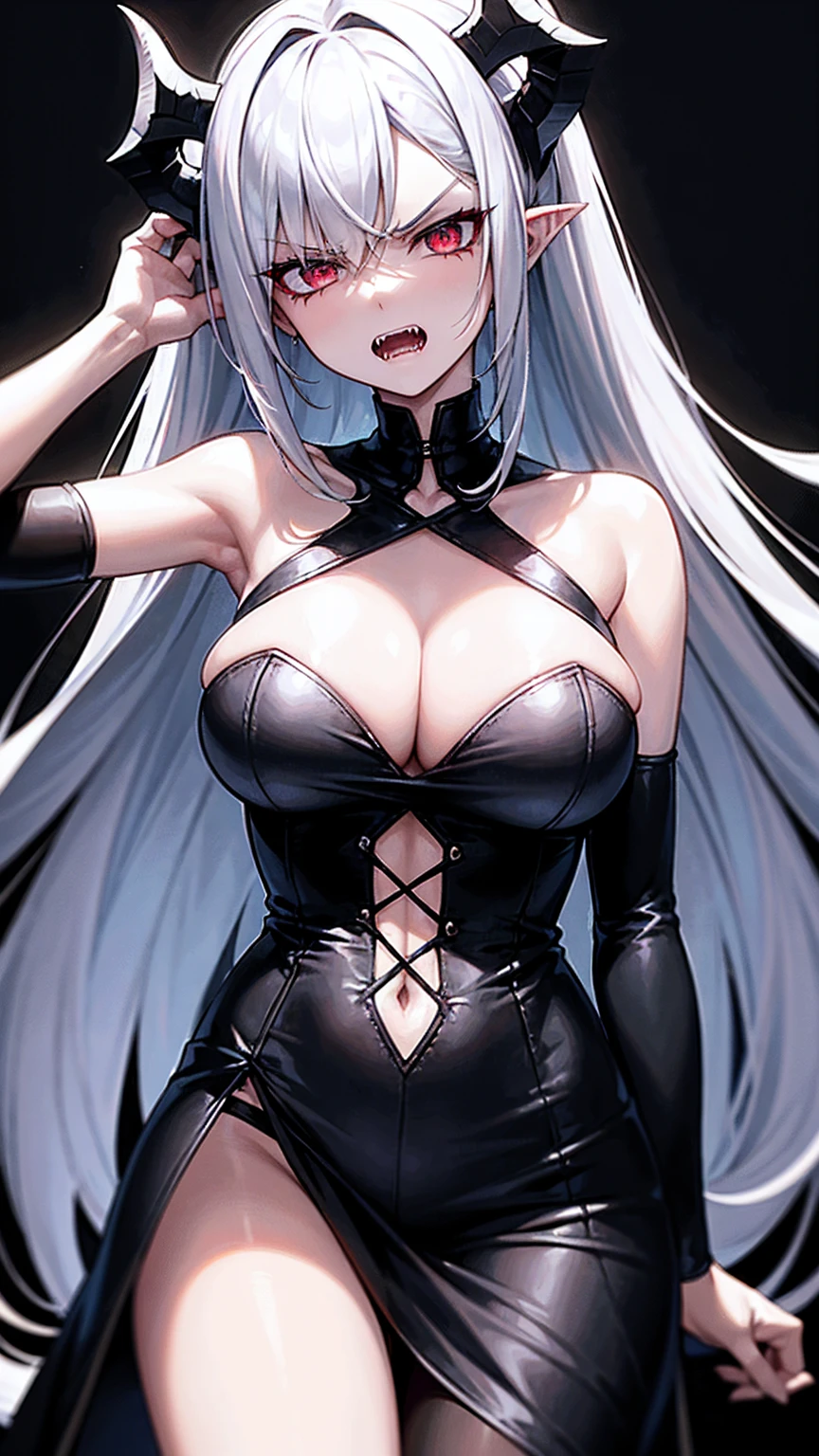 masterpiece, high quality, 4K, HDR, A battle-ready demon with a disgruntled expression, open mouth revealing sharp, jagged fangs, narrowed eyes, and crimson irises. Pale skin, silver hair with neatly trimmed bangs in an intake hairstyle, long locks. A black halo hovers above the head, with a pair of large, spread black wings and pointed ears. Dressed in a gothic style.