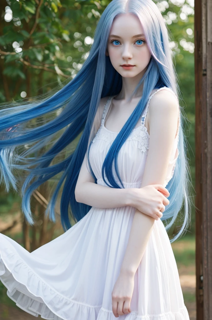 girl, long blue hair, blue and pink eyes, Lunar, pale skin and wears a white dress 