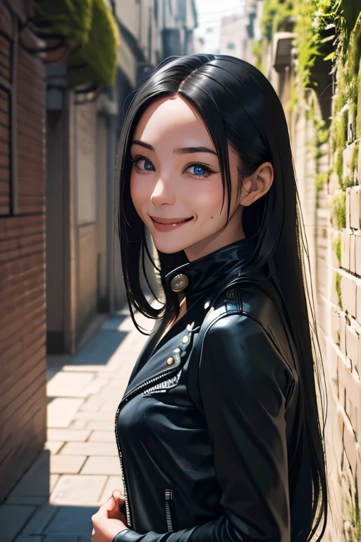 Highest quality　High resolution　Simple　Remainsの様なDungeons　RemainsDungeons　Long bangs　Adult female　Adventurer Girl　Loose expression　cute　smile　Leather jacket　Beautiful Eyes　One Woman　Long side hair　Very black hair　Shiny long hair　Straight hair　Ahoge　Wide sleeves　Long hem　cute目　Remains　Dungeons　Underground maze