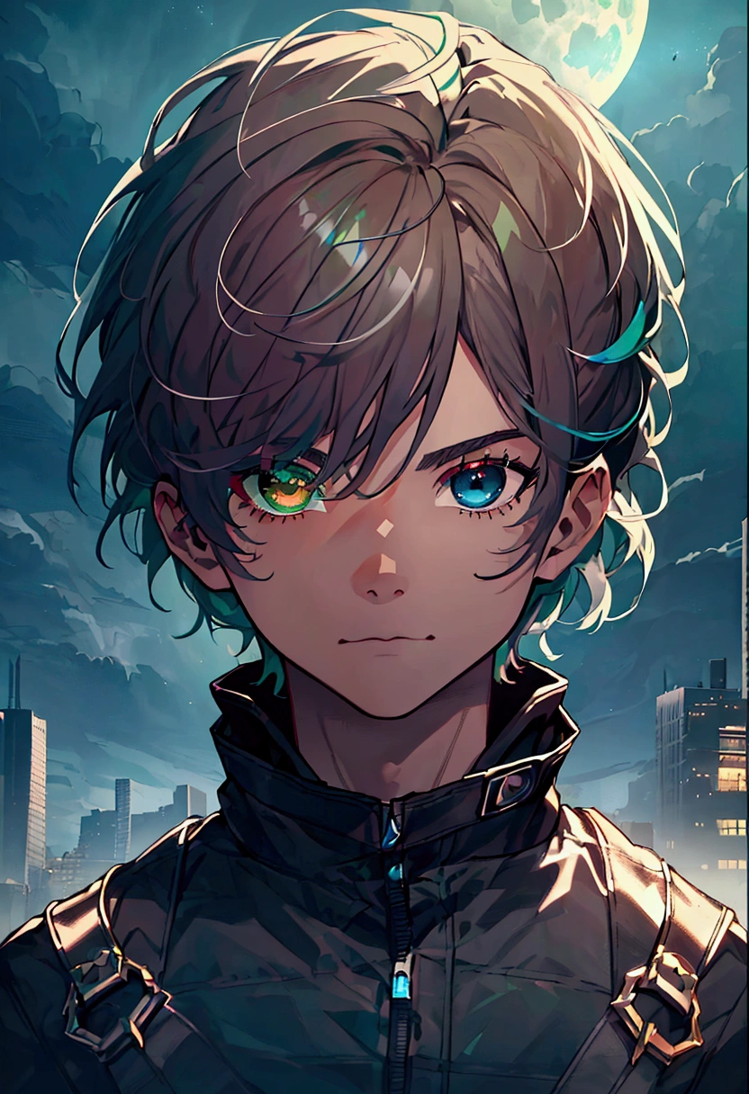 masterpiece, best quality, ((((1man)))), (colorful),(finely detailed beautiful eyes and detailed face),cinematic lighting,extremely detailed CG unity 8k wallpaper, sky, cloudy_sky, building, moonlight, moon, night, (dark theme:1.3), light, fantasy, ((heterochromia)) ((Blue and Green eyes)) ((Gray Hair)) ((boy))
