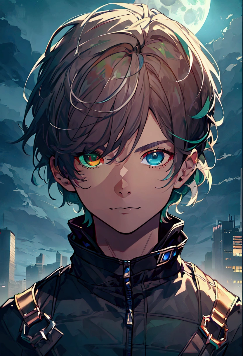 masterpiece, best quality, ((((1man)))), (colorful),(finely detailed beautiful eyes and detailed face),cinematic lighting,extremely detailed CG unity 8k wallpaper, sky, cloudy_sky, building, moonlight, moon, night, (dark theme:1.3), light, fantasy, ((heterochromia)) ((Blue and Green eyes)) ((Gray Hair)) ((boy))