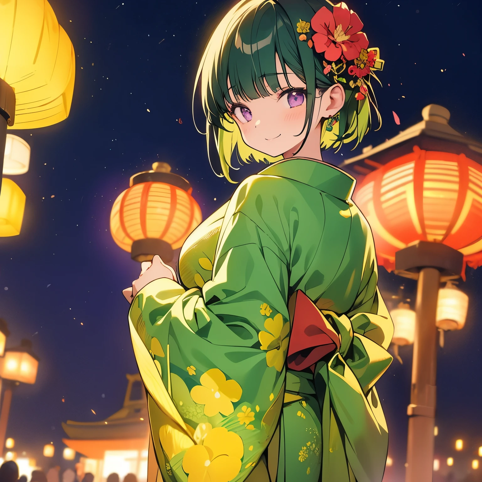 a girl with short hair, expression of joy, green hair, a flower in her hair, dressed in a violet yukata and gold details, Japanese night festival background, festival lights, cinematic lighting, high definition, subject position in the right of the image.