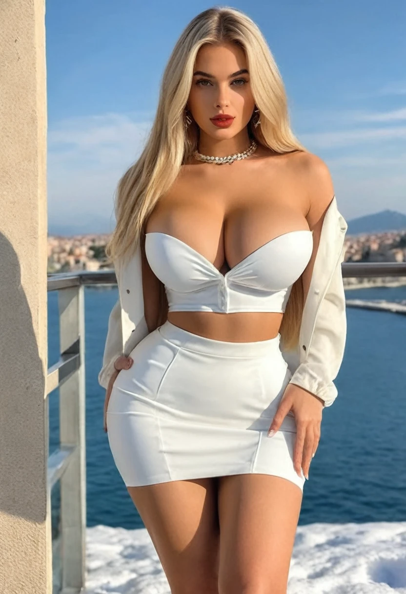 (best high quality:1.5), work of art, (8k), extremely detailed, (High details:1.4), Solo, ((HotLexi)), ((snow-white skin:1.4)), blonde Italian girl with 24 years old, (cropped strapless, pencil skirt random prints), (pretty perfect model square defined face:1.4), ((body of a perfect hourglass-shaped hottie)), (large round breasts:1.4),