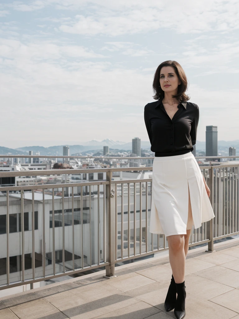 her name is Yasmin Fatima, high quality, ((mature)), ((white pale skin)), 1girl, ((30-year-old fit Swiss woman)), ((30 years old)), ((fit)), ((brunette)), pose: standing, wearing stylish (((black blouse and skirt))), ((BACKGROUND: rooftop in America)), random pose, cranky hair