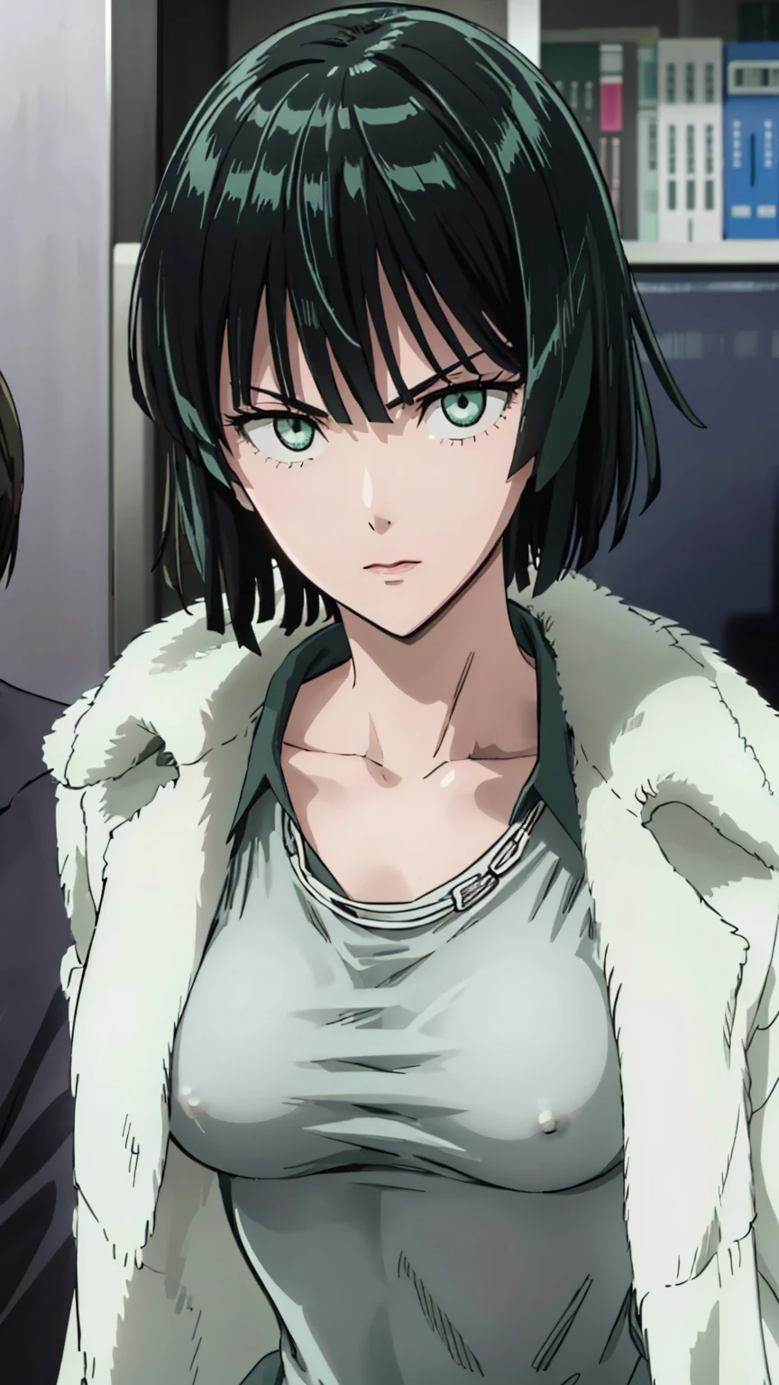 (((pixel-perfect, detail-perfect))), solo, 1girl, fubuki, fur coat, collared dress, collarbone, necklace, looking at viewer, closed mouth、破れた服、NSFW