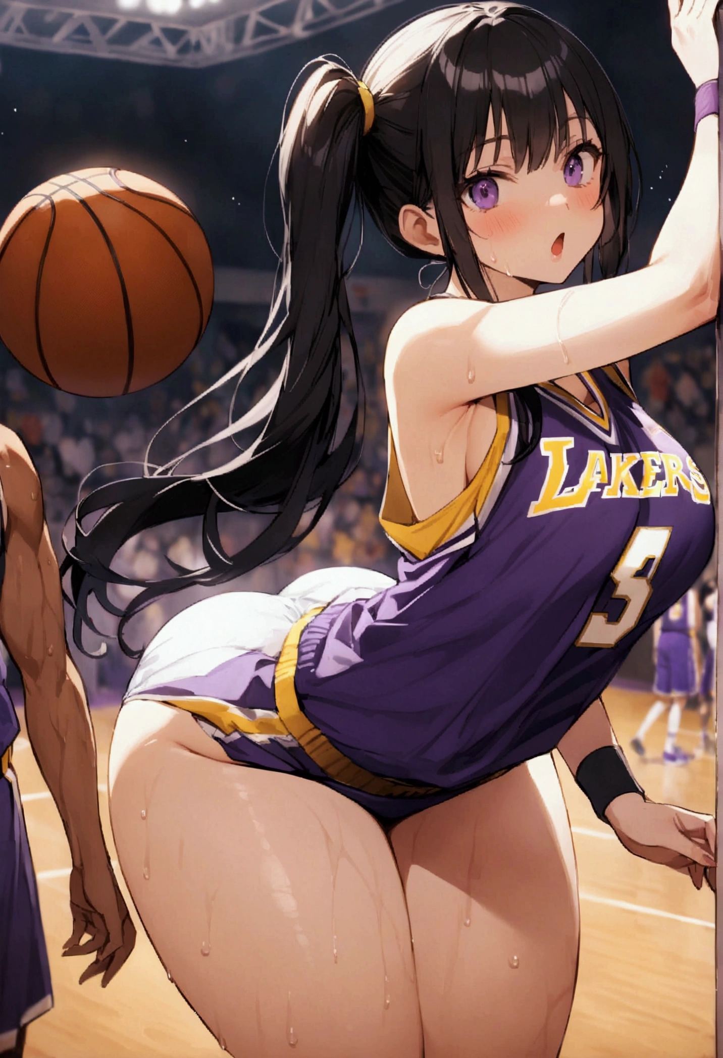 One woman、beautiful girl、high school girl、basketball、Basketball uniform、Lakers uniform、Wristband、Side Ponytail、Long Hair、Basketball Stadium、Take a jump shot、The stands are packed、Highest quality,  Thick thighs、Big Ass、Black Hair、Sweaty body、Number 14、Take the shot、Her uniform flips up and her bra is visible、Black bra、The opposing team is on defense、Leaning forward、dribble