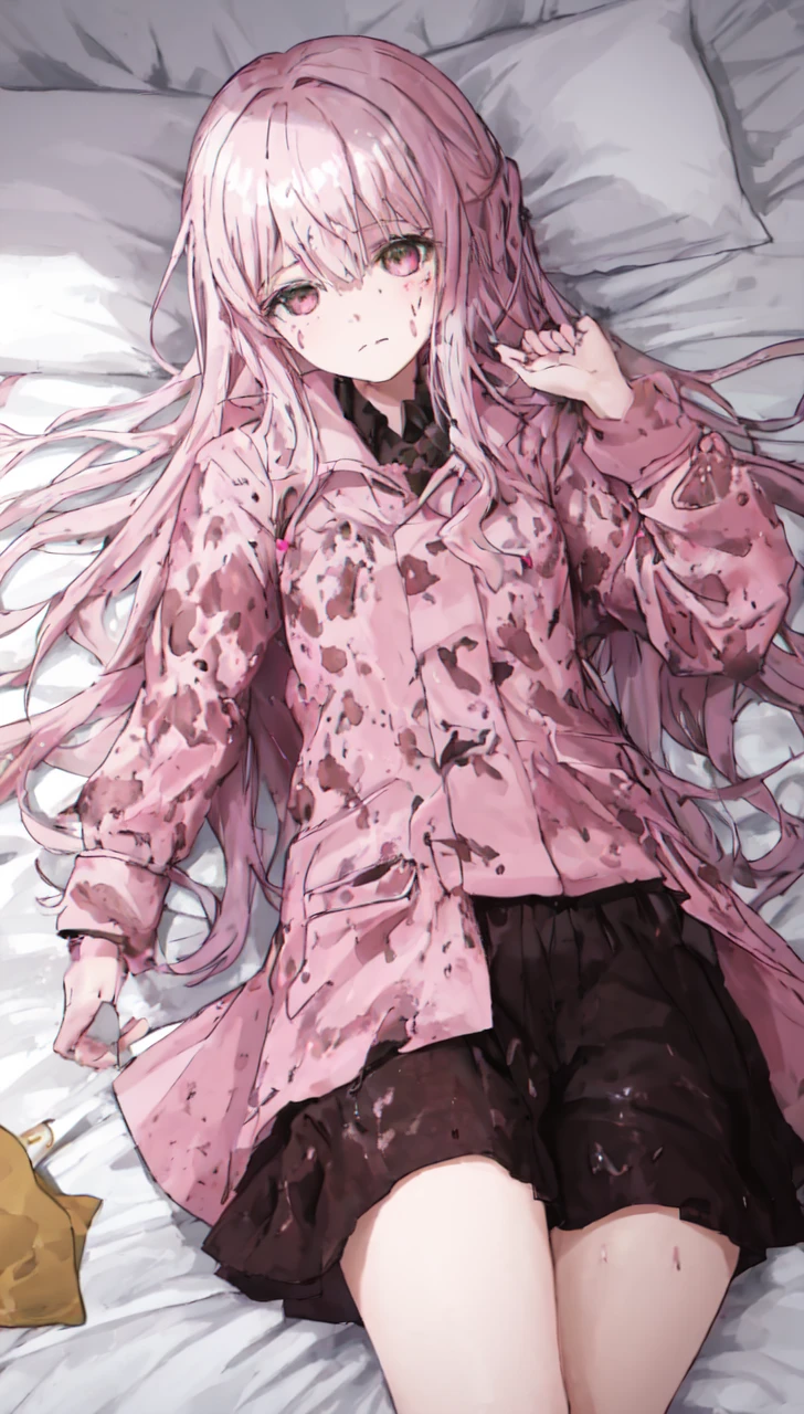 a girl laying in bed, wearing a pink buttoned raincoat, covered in mud, mud splatters, embarrassed expression on her face