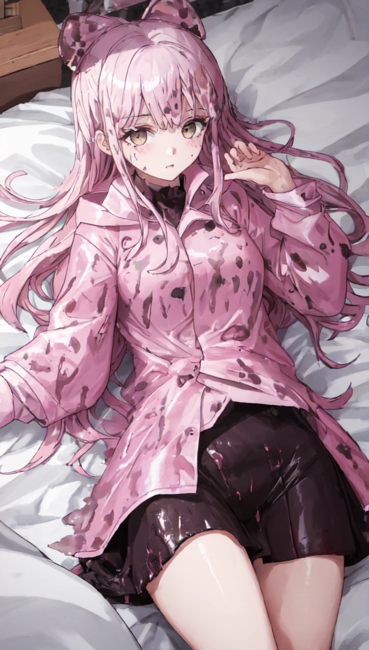 a girl laying in bed, wearing a pink buttoned raincoat, covered in mud, mud splatters, embarrassed expression on her face