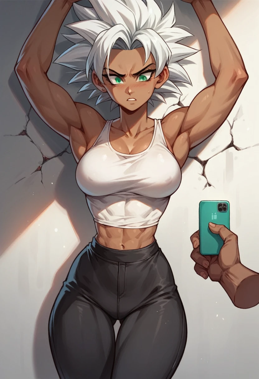 a girl, Saiyan, white hair stuck back, green eyes,slim, thin waist, wide hips, brown skin color, medium breasts, white tank top , black pants, tight clothes , the girl is in her room using her cell phone in a sexy way