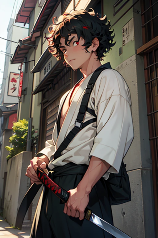 A boy with curly hair, and one red eye and the other green which carries a Japanese katana at the level of its mouth which is on the edge of a building